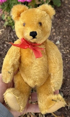 Vintage Steiff Jointed 9” Gold Steiff Bear US Zone Tag Red Ribbon US Zone Bear - image 1 of 4