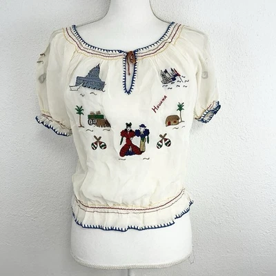 Blusa de recuerdo folclórico cubano vintage de los años 30 40 bordada campesina camisa ajustada Foto 1 de 4