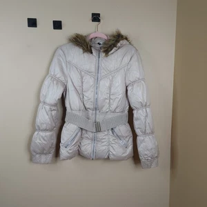 H&M DIVIDED Hooded Belted Puffer Jacket in Cream Size 10 - Picture 1 of 12