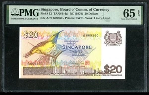SINGAPUR 20 Dólares 1979, Serie Pájaro P-12, PMG 65 EPQ Gema UNC, Prefijo A/79 - Imagen 1 de 4