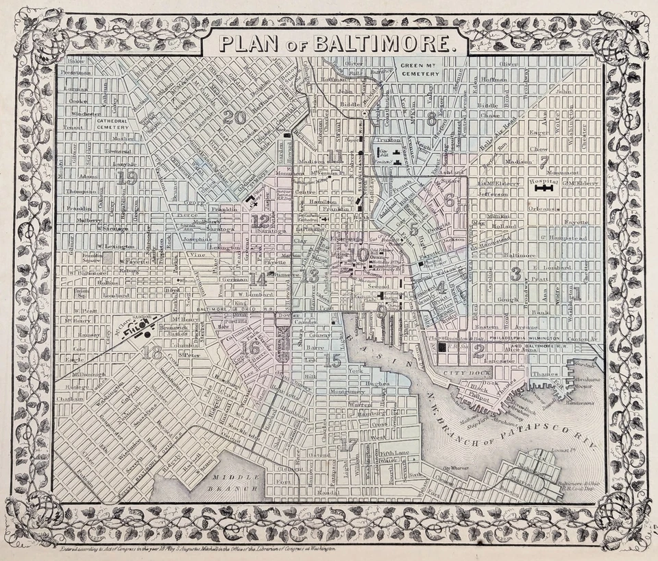 1875 Cidade de BALTIMORE - MARYLAND Mapa ORIGINAL (11X9) WARDS RAILROADS - Imagem 1 de 4