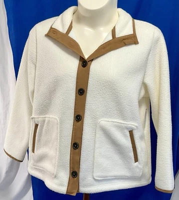 Croft & Barrow Jacket Sherpa Fleece Button Front Brown Trim Pockets Ivory Sz XXL - Image 1 of 4