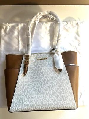 Michael Kors Charlotte Large Logo'd  Zip Top Tote, Vanilla/Brown w/ dust bag NWT - Image 1 of 4
