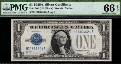 1928A $1 Silver Certificate PMG 66EPQ Gem Blue Seal silver HA Block Fr 1601 - Image 1 of 3