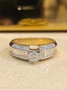 Pave 0.91 Cts Round Baguette Cut Natural Diamonds Solitaire Ring In 585 14K Gold - Picture 1 of 12