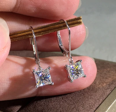 4 CT Solitaire Princess Cut Moissanite Dangle/Drop Earrings 925 Sterling Silver - Image 1 of 4