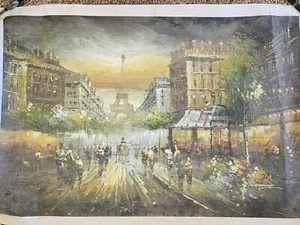 Vintage Signed Oil Painting on Canvas Paris Scene Eiffel Tower 39"x27" Unframed - Picture 1 of 23