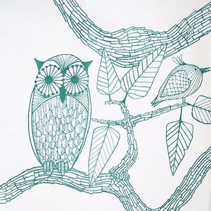 Teal and White Fabric Shower Curtain: Owl and Apple Tree Design