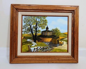Vintage H Hargrove Round Yellow Barn, Farm Scene, Lithograph Print Framed 15x13 - Picture 1 of 14