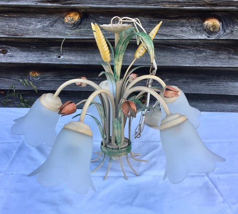Tole Painted Metal Chandelier Toleware w Tulips 5 Light Fixture Shabby Chic MCM Cover