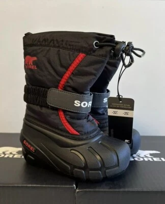 Botas Sorel para niños M Flurry negras/rojas brillantes NC1965-015 / EE. UU. niños pequeños talla 8 Foto 1 de 4