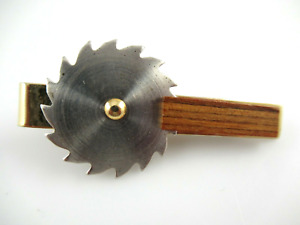 Vintage Anson Movable Sawmill Buzz Saw Blade Tie Clasp Wood & Gold Tone