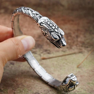 Edelstahl Herren Nordisch Wikinger Fenrir Schlangenkopf Manschette Armreif Armband für Männer - Bild 1 von 8