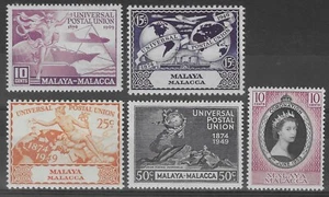 MALAYA - MALACCA 1949-53 UPU AND CORONATION SETS MH. SG. 18 - 22. (C952) - Picture 1 of 2