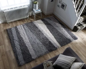 THICK LONG PILE SILVER GREY CREAM WAVES STRIPED SHAGGY SANTA CRUZ BOARDWALK RUG - Picture 1 of 5