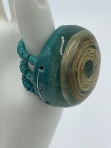 Aquamarine Acrylic Spiral Statement Ring Swirling Bamboo Beaded Expandable Band - Picture 1 of 4