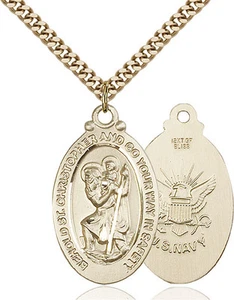 Men's 14K Gold Filled St Christopher Navy Military Catholic Medal Necklace - Picture 1 of 1