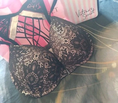 Бюстгальтер Victoria's Secret 34DDD очень сексуальный пуш-ап черный кружевной с ремешками спереди близко VS - Изображение 1 из 4