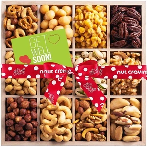 Nut Cravings Get Well Wooden Tray Gift – 12 Elegant Gourmet Snacks, Red Ribbon - Foto 1 di 7