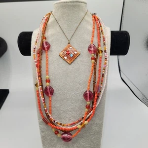 Glass Bead 5 Strand Necklace 18", Copper Enamel Pendent 1" - Picture 1 of 8