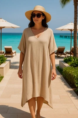 Calypso St. Barth Women Linen Kaftan Beige XS Resort Quiet Luxury Minimalist Bea - Image 1 of 4
