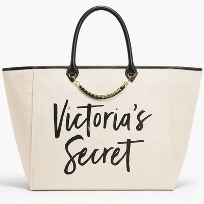 Victoria’s Secret Large Canvas Tote Bag Black Script Logo - Image 1 of 4