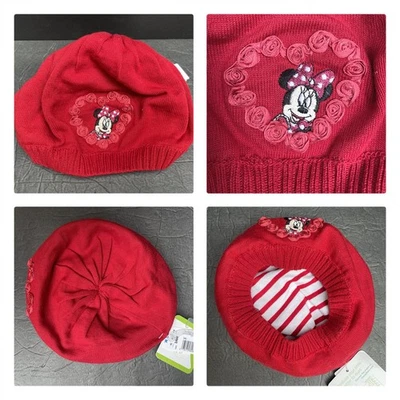 Disney Baby 3-6m Red Holiday Knit Hat Beret Embroidered Minnie Mouse Rose Heart - Image 1 of 4