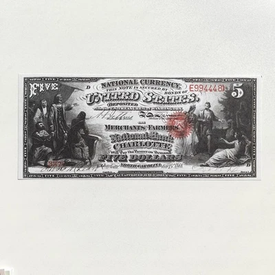 5 Dollars 1868 US Charlotte National Currency Reproduction Banknote Fr US# 398 - Image 1 of 4