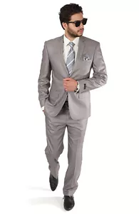 Slim Fit Men Suit 2 Button Notch Lapel Silver Grey Flat Front Pants By AZAR MAN - Picture 1 of 6