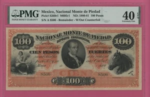MEXICO 100 PESOS 1880-81 MONTE DE PIEDAD PICK S269r1 PMG 40 EXTREMELY FINE EPQ. - Picture 1 of 2