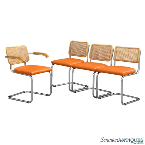 Mid-Century Cane & Orange Upholstered Cesca Dining Chairs by Knoll - Set of 4 Cover