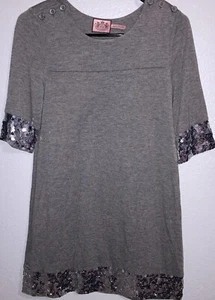 Juicy Couture meliert grau silber Pailletten Kurzarm Mini Etuikleid Gr. P - Bild 1 von 5