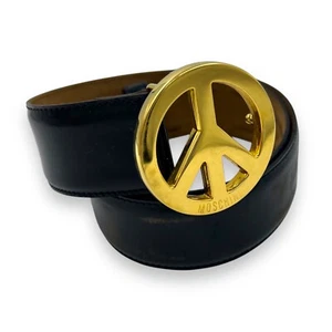 MOSCHINO Vintage 90s Black Patent Gold Peace Sign Logo Buckle Waist Belt Sz 42 S - Picture 1 of 8