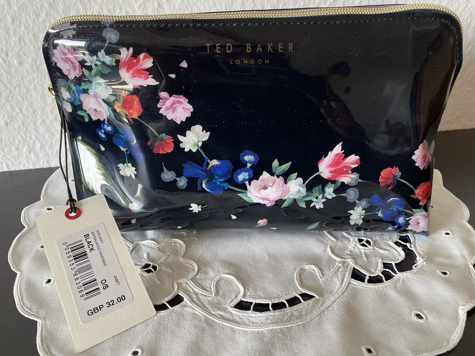 TED BAKER Schminktasche Kosmetiktasche Lack schwarz mit bunten Blumen NEU 45 € - Bild 1 von 4
