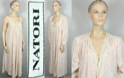 Camisola vintage NATORI rosa floral chiffon lingerie peignoir 2 peças combinando roupão P - Imagem 1 de 4