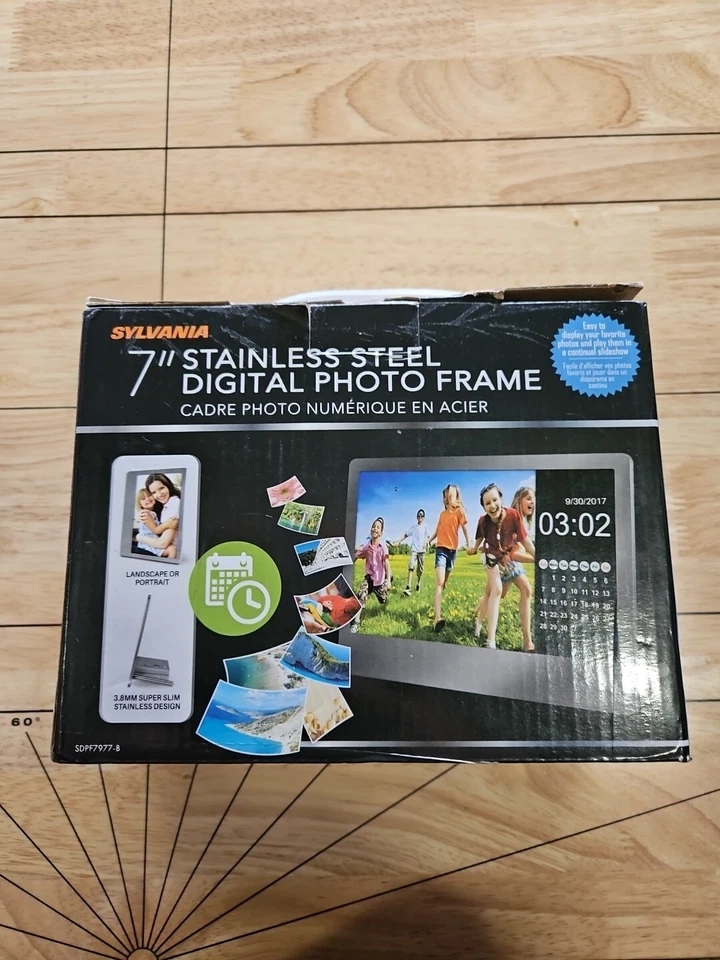 Sylvania 7” Stainless Steel Digital Photo Frame W/ Clock & Calendar Display Desk - Image 1 of 1