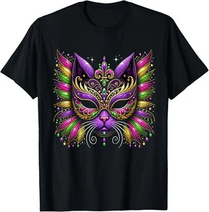 Mardi Gras Cat Mask New Orleans Women Kids Mardi Gras 2025 Gift Unisex T-Shirt - Picture 1 of 3
