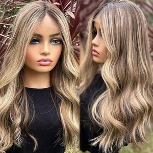 Remy Human Hair 13x4 Lace Front Wig Brazilian Hair Wavy Ash Blonde Highlight - Picture 1 of 8