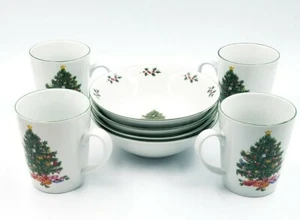 Holiday Christmas Tree with Presents Lot of 4 Coffee Tea Cups and 4 Cereal Bowls - Picture 1 of 8