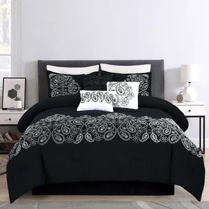 7-Piece Black White Bedding Set Floral Scroll Embroidered Paisley Comforter Set - Picture 1 of 7