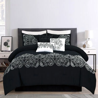 7-Piece Black White Bedding Set Floral Scroll Embroidered Paisley Comforter Set - Image 1 of 4