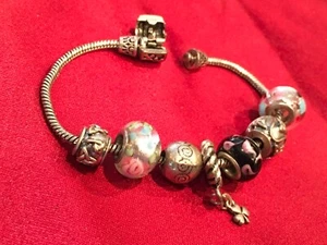 Authentic Pandora Barrel Clasp Bracelet w/ 7 Charms 7.5" Great Xmas Gift! - Picture 1 of 12