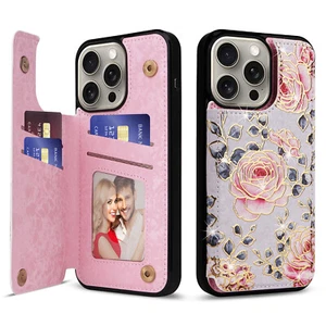 Floral Leather Card Slot Wallet Flip Stand Case Fr iPhone 16 Pro Max 16e 15 13 - Picture 1 of 40