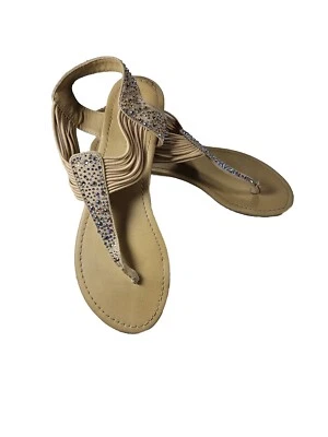 NINE WEST Sparkle Sandals Womens 7 Elastic Straps Flats Tan Beige PRETTY Thong - Image 1 of 4