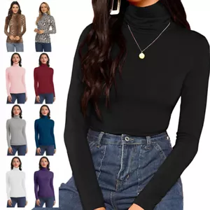 Basic Long Sleeve Soft Pullover Stretch Turtleneck Mock Neck Top Slim Fit Shirts - Picture 1 of 24