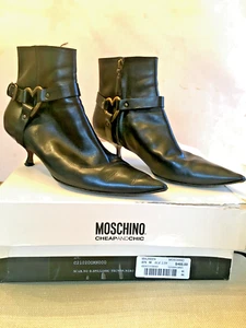 VTG MOSCHINO Black Leather Kitten Heel Ankle Boots with Metal Heart Trim, 7.5M - Picture 1 of 7
