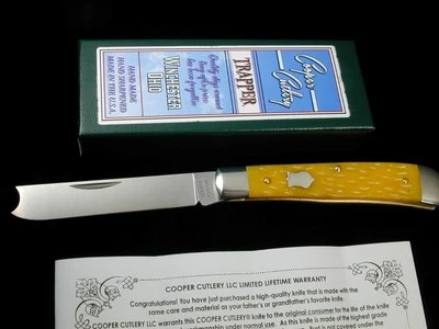 COOPER CUTLERY YELLOW JIGGED BONE RAZOR TRAPPER KNIFE USA LIKE CASE & GEC 5119YJ - Image 1 of 4