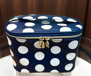 Dabney Lee Navy Polka Dot Cosmetic Train Case Large Makeup Bag Retro Travel PVC - Picture 1 of 8
