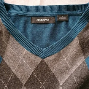 Claiborne Argyle Knit Long Sleeve Pullover Sweater Men's Size XL Teal Blue  - Picture 1 of 6