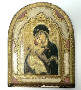 Orthodox Icon Our Lady of Vladimir Florentine Plaque Gold Italy Virgin Mary VTG - Picture 1 of 14